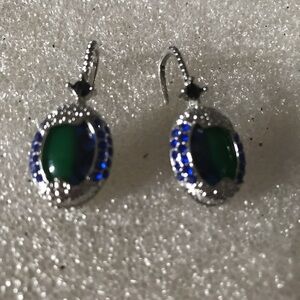 Silver-Tone Green glass and Blue Drop Earrings